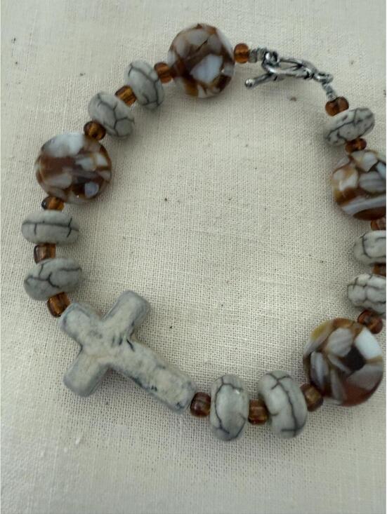 Jewelry - Brown Mosaic Bead Cross Bracelet Toggle Clasp